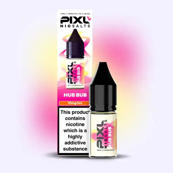 Pixl Nicsalts Hub Bubble vape juice bottle with packaging on a gradient background
