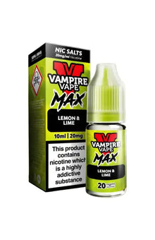 Vape Juice Bottle with Box, Green in colour with the brand Vampire Vape Max on and Flavour Lemon & Lime