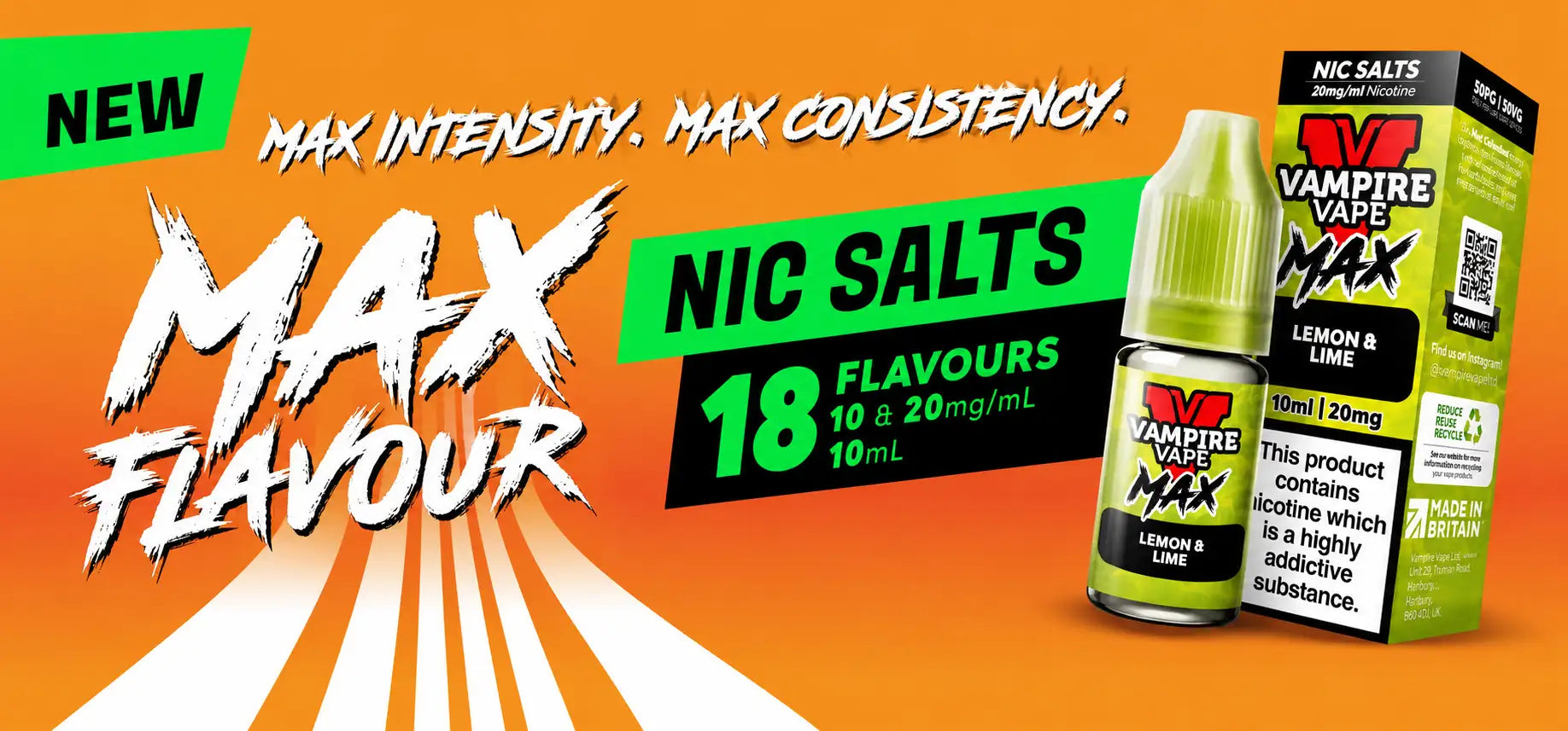 Lemon & lime flavored 10ml vape liquid in a clear glass bottle with green cap and label, packaged alongside its branded box.