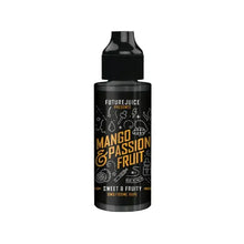Black bottle of E-liquid, on white background with Text Mango & Passion fruit