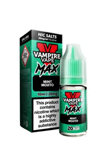 Vape Juice Bottle with Box, Green in colour with the brand Vampire Vape Max on and Flavour Mint Mojito