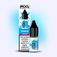 Pixl NicSalts MR Blue vape juice bottle and packaging on a gradient blue background
