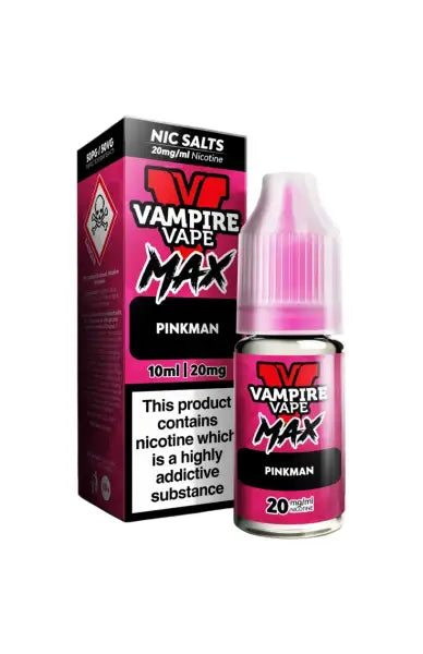 Vape Juice Bottle with Box, Pink in colour with the brand Vampire Vape Max on and Flavour Pinkman