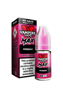 Vape Juice Bottle with Box, Pink in colour with the brand Vampire Vape Max on and Flavour Pinkman