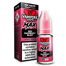 Vape Juice Bottle with Box, Pink in colour with the brand Vampire Vape Max on and Flavour Red Raspberry Blast