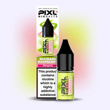 Pixl Nic Salts Rhubarb Raspberry e-liquid bottle and packaging on a gradient background