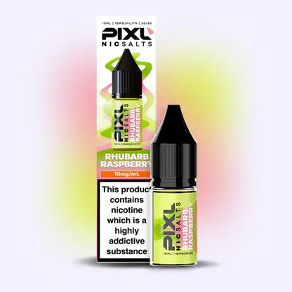 Pixl Nic Salts Rhubarb Raspberry e-liquid bottle and packaging on a gradient background