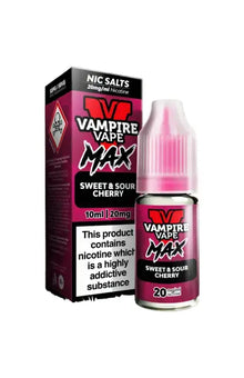 Vape Juice Bottle with Box, Purple in colour with the brand Vampire Vape Max on and Flavour Sweet sour Cherry