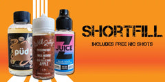 Three bottles of vape juice in various flavors, including butterscotch custard, passionfruit, wild mango, red delicious apple, and blue sour raspberry ice.