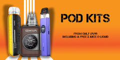 Three distinct pod kits for vaping, with one featuring a circular display and another in a vibrant purple.