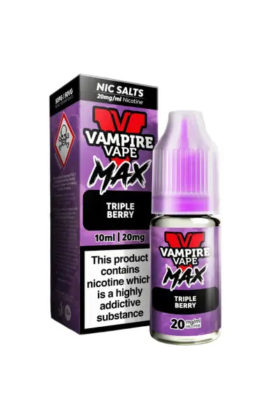 Vape Juice Bottle with Box, Pink in colour with the brand Vampire Vape Max on and Flavour Triple Berry