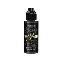 Black vape juice bottle labeled 'Vanilla Custard' by Future Juice on a white background