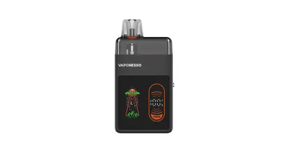 Black square vape pod kit with screen on a white background