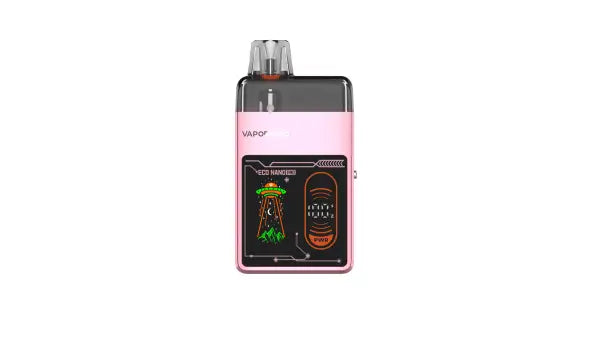 Pink square vape pod kit with screen on a white background