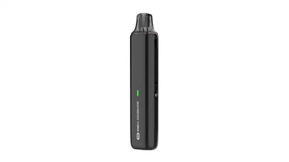 Black electronic device with a green light on a white background