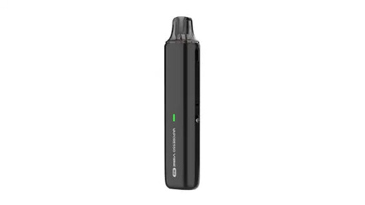 Black electronic device with a green light on a white background