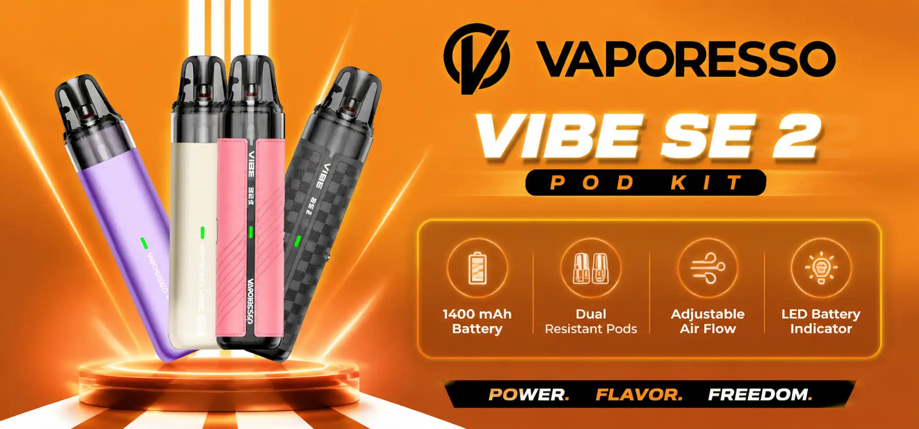 Vapresso vibe se 2 pod kits in purple, white, pink, and black carbon fiber finishes.