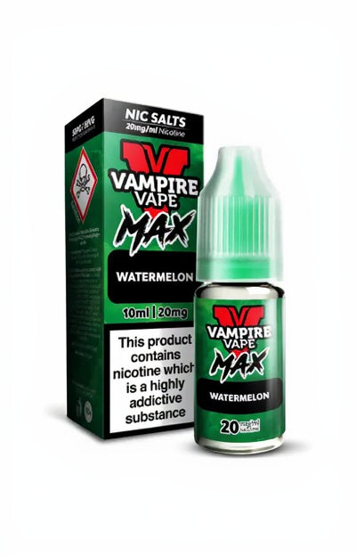 Vape Juice Bottle with Box, Green in colour with the brand Vampire Vape Max on and Flavour Watermelon