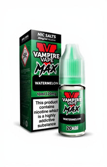 Vape Juice Bottle with Box, Green in colour with the brand Vampire Vape Max on and Flavour Watermelon