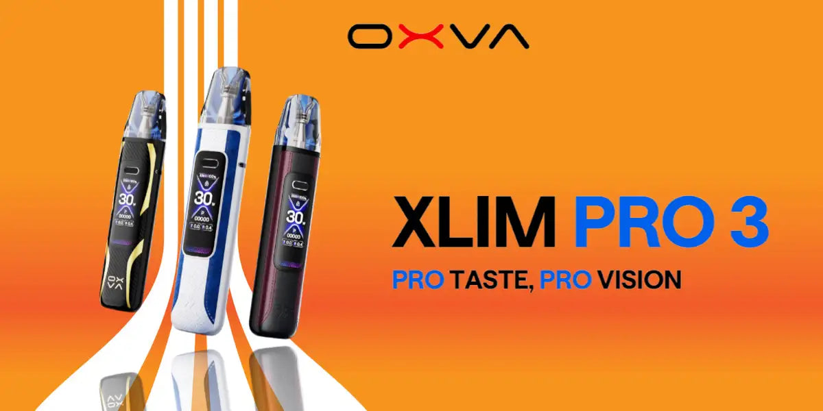Oxva xlim pro 3 vape pens in black, white and purple with digital displays.