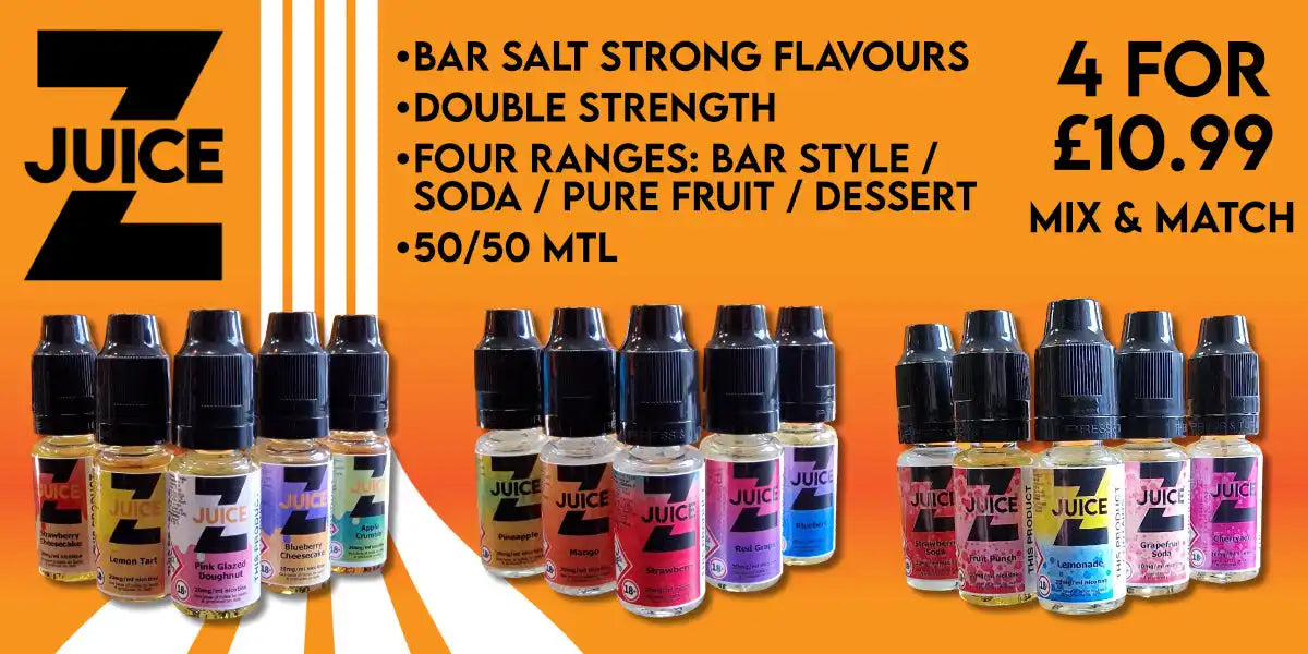 Z Juice vape liquids in various flavors, offered at 4 for £10.99, mix and match.